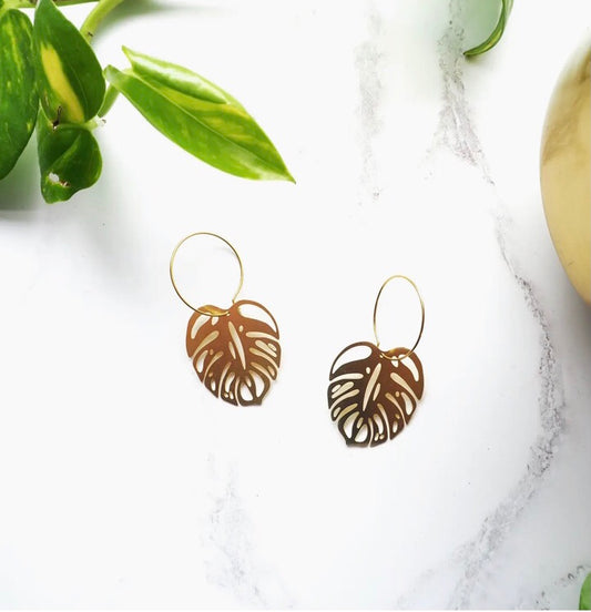 Gold Monstera Hoops
